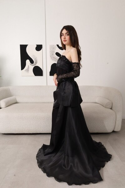Generic Long black embroidered evening dress with separate sleeves and luxurious satin details