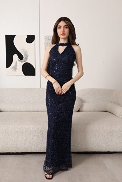 Generic Long navy blue evening dress embroidered with sequins and an elegant halter neck