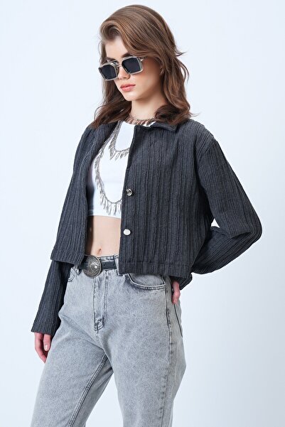 VAGGON Women's Anthracite Double Button Deep V-Neck Textured Crop Jacket Vs01180