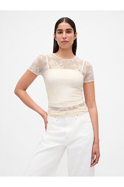 GAP Kadın Krem Çiçek Desenli Dantel T-Shirt