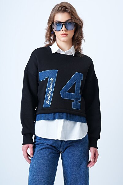 VAGGON Γυναικείο φούτερ με μαύρο λαιμόκοψη με στάμπα και κεντημένο σχέδιο με κορδόνια Vs01184