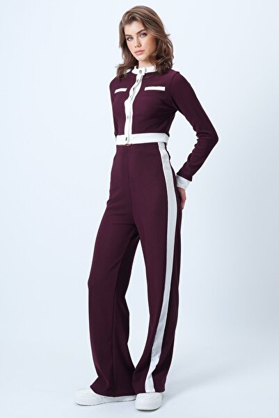 VAGGON Women's Burgundy Color Block Crop Jacket and Ottaban Pants Set Vs01179