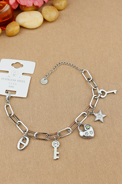 Keyifli Hayaller Çelik Bileklik - 14K Anahtar Yıldız Kalp Charmlı 316L Çelik Bileklik Kararmaz Solmaz 18+5cm