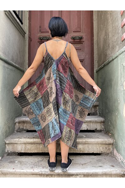 Bohoyasam Nepal Patchwork Boho Elbise | Kadın Bohem Tarz, Rahat Kesim, Etnik Desenli,Askılı Elbise