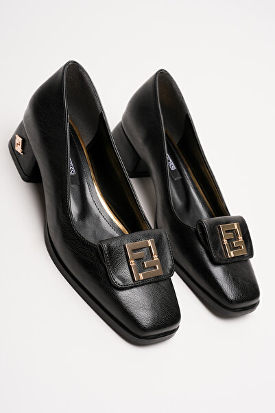 AleWomen Pantofi de damă Troya din piele neagră, cu toc mic, cu cataramă aurie, cu detalii accesorii, cu vârf pătrat