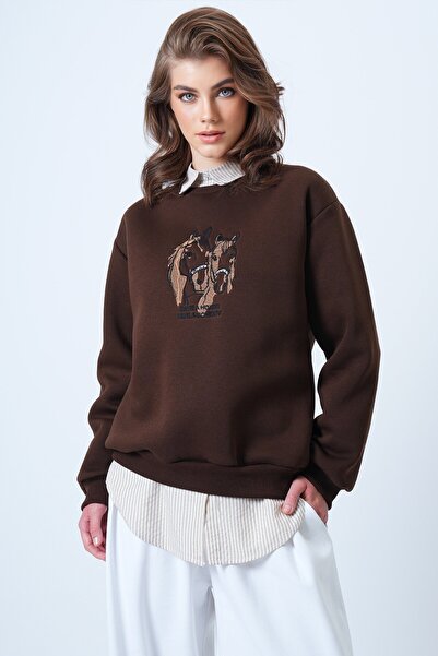 VAGGON Γυναικείο φούτερ καφέ με λαιμόκοψη με κέντημα με 3 κλωστές Vs01177