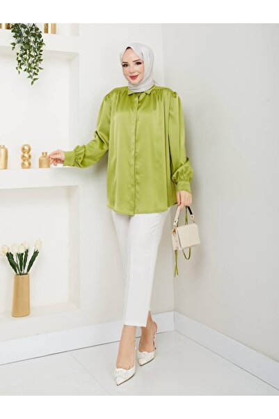 nisanurfashion Women's Satin Green Shirt