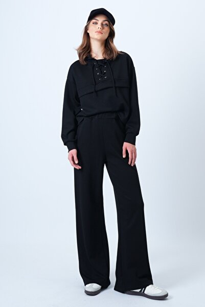 VAGGON Women's Black Hooded Bird-Eye Sweatshirt and Palazo Pants Modal Set Vs01174