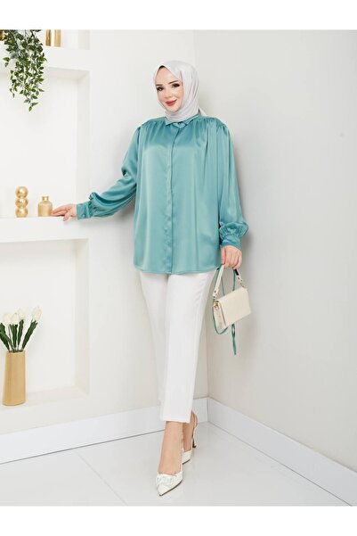 nisanurfashion Women's Satin Turquoise Shirt