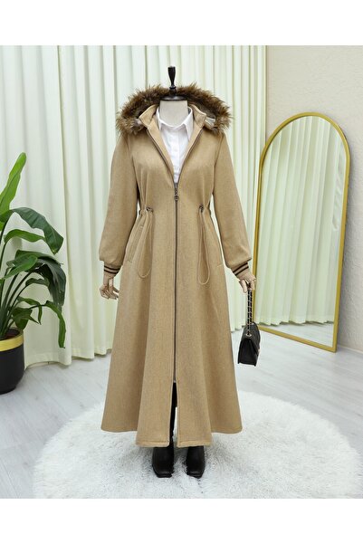 Modamorfo Hooded Cashmere Coat with Elastic Waist and Pockets - Mink