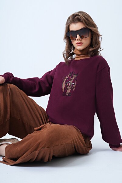 VAGGON Kadın Bordo Bisiklet Yaka Nakışlı İçi Şardonlu 3 İplik Sweatshirt Vs01177