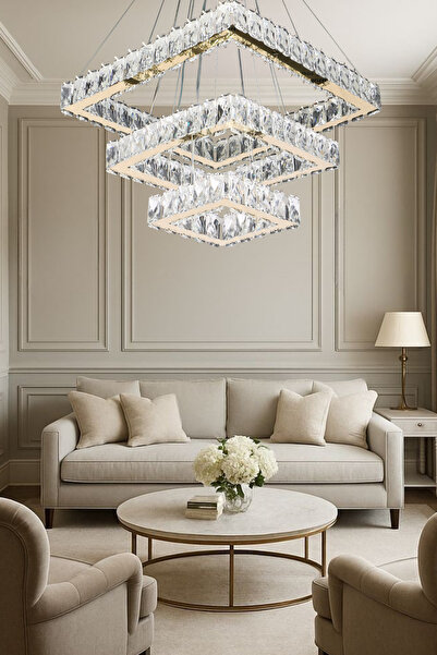 bestof tasarım Flora 3 Katlı Kristal Taşlı Krom Avize Kumandalı 3 Renk Yatak ...