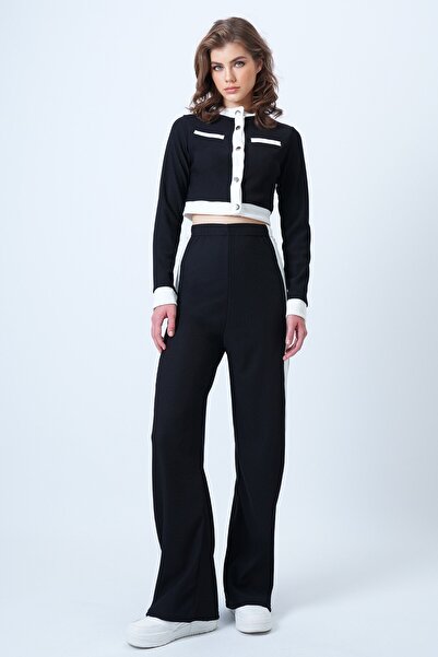 VAGGON Women's Black Color Block Crop Jacket and Ottaban Pants Set Vs01179