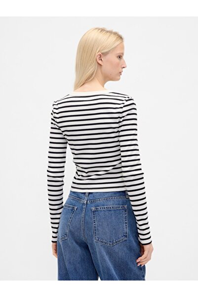 GAP Kadın Siyah Beyaz Çizgili Ribana Crop Bisiklet Yaka T-Shirt