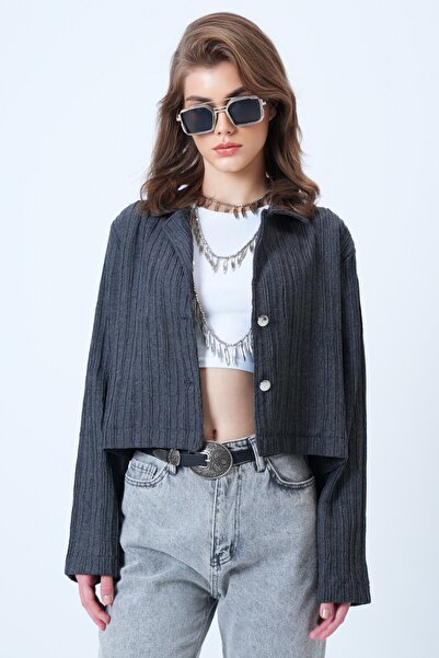 VAGGON Women's Anthracite Double Button Deep V-Neck Textured Crop Jacket Vs01180