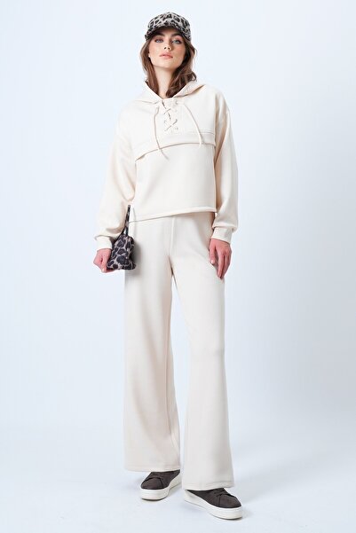 VAGGON Women's Light Beige Hooded Bird-Eye Sweatshirt and Palazo Pants Modal Set Vs01174