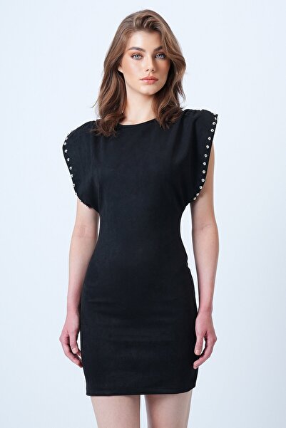 VAGGON Women's Black Backless Shoulder Padded Shoulder Drop Suede Dress Vs01192