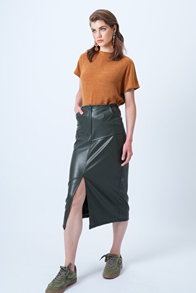 VAGGON Women's Khaki Double Pocket Slit Midi Length Faux Leather Skirt Vs01182