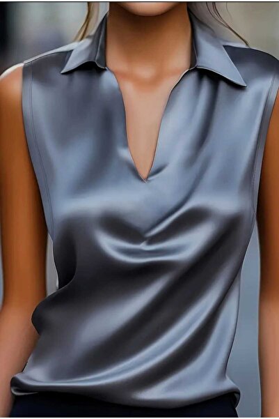 By Kul Design Women's Satin Shirt Collar Satin Blouse