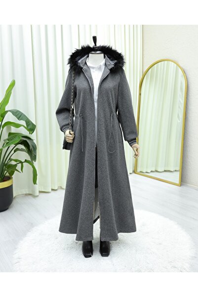 Modamorfo Hooded Cashmere Coat with Elastic Waist and Pockets - Smoked