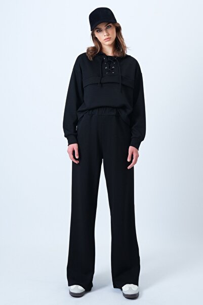 VAGGON Women's Black Hooded Bird-Eye Sweatshirt and Palazo Pants Modal Set Vs01174