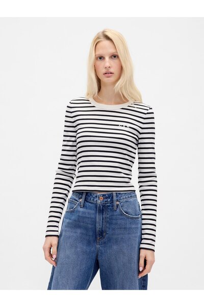 GAP Kadın Siyah Beyaz Çizgili Ribana Crop Bisiklet Yaka T-Shirt