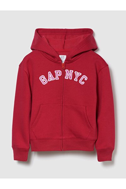 GAP Kız Çocuk Kırmızı Relaxed Logo Fermuarlı Kapüşonlu Sweatshirt