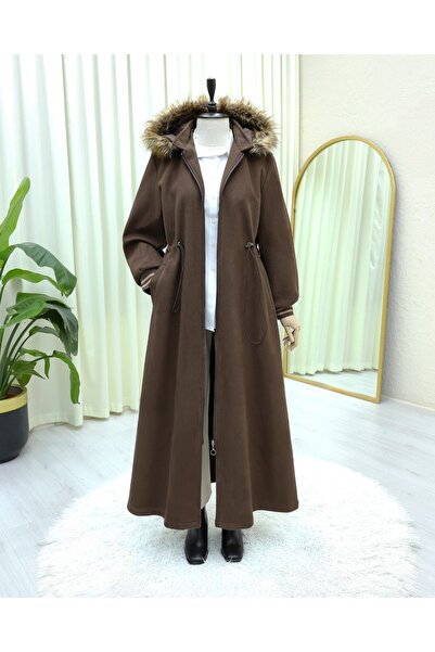 Modamorfo Hooded Cashmere Coat with Elastic Waist and Pockets - Brown