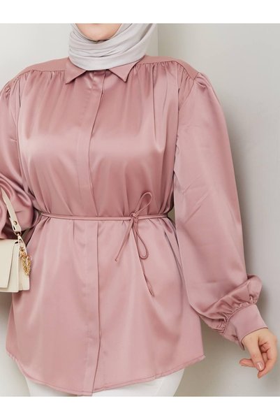 nisanurfashion Women's Satin Pink Shirt
