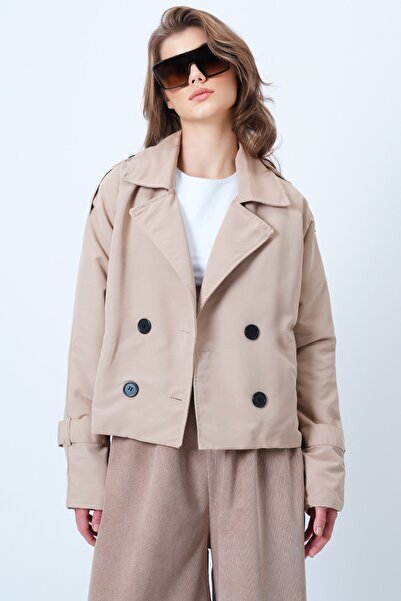 VAGGON Kadın Bej Kruvaze Yaka İçi Astarlı Kısa Trenç Ceket Vs01185