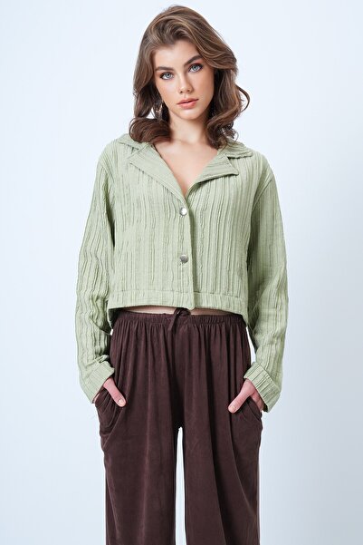 VAGGON Women's Green Double Button Deep V Neck Textured Crop Jacket Vs01180