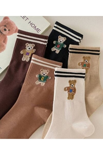 SOLMAZ Colorful Women's Socks with Teddy Bear Pattern (Pack of 5)
