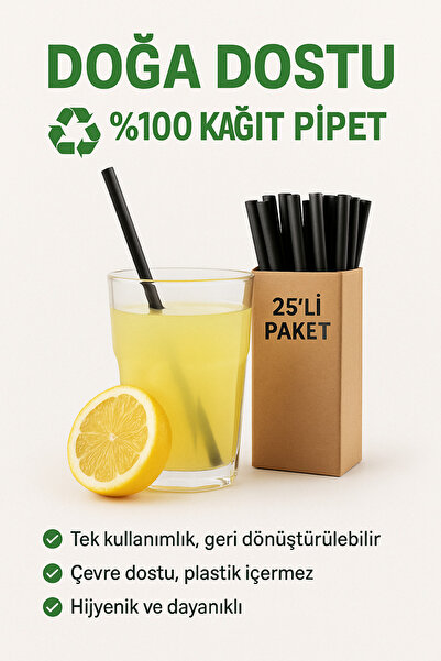 MERİP PLASTİK SİYAH PİPET- KAĞIT SİYAH PİPET- KOKTEYL PİPETİ- 25 ADET