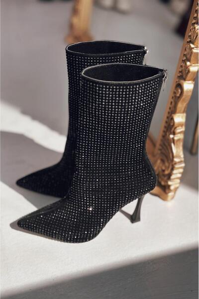 I Love Shoes Simley Topuklu Kadın Çizme Siyah Siyah Gri Taşlı