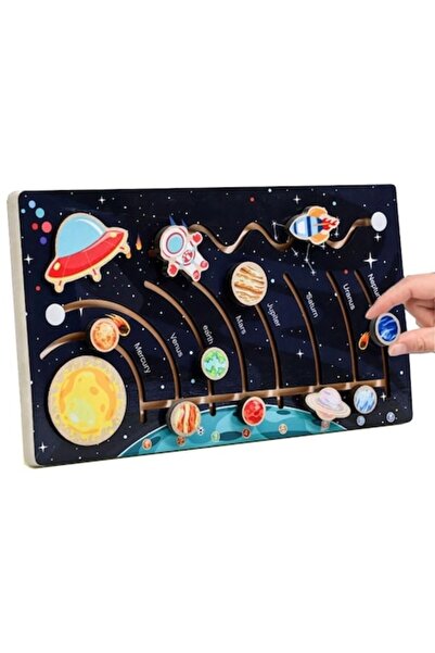 Picodino Puzzle in Romanian, wooden labyrinth, solar system, with 9 planets, rocket and astronaut,