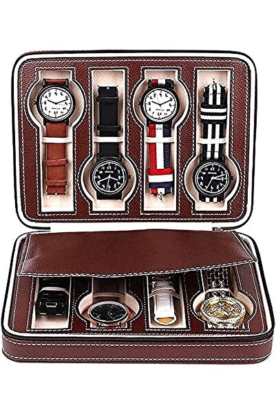 PADOM Watch Box Portable PU Leather Travel Zipper Case (8 Slot, Brown)