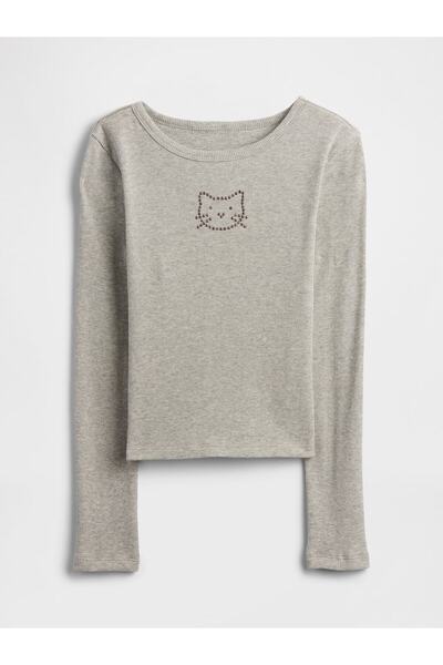 GAP Kız Çocuk Gri Fitilli Pointelle T-Shirt