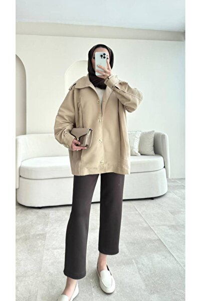 MODA AKGÜN YANI PİLELİ KISA OVERSIZE TRENÇKOT