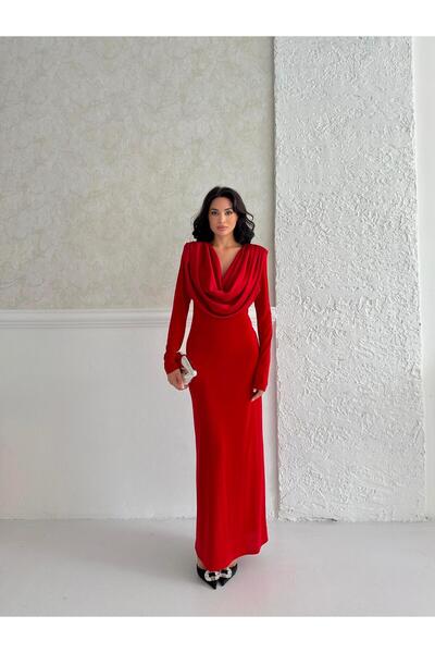zoezoe Kırmızı Degaje Yaka Uzun Kollu Uzun Elbise