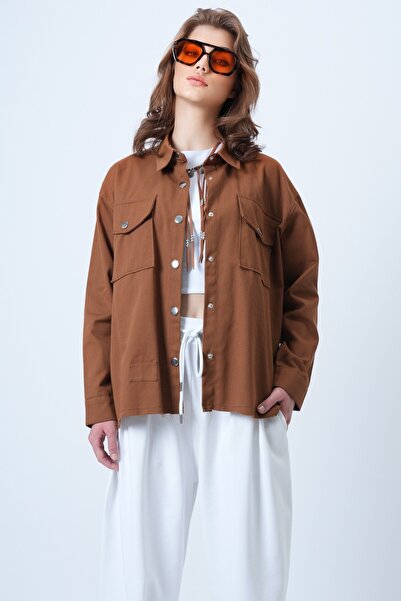 VAGGON Women's Brown Double Pocket Snap Closure Oversize Shirt Gabardine Jacket Vs01197
