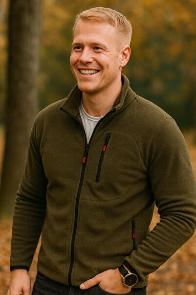 Sobe Hediyelik Men's Fleece Cardigan Stand Collar Khaki Zippered – Outdoor and Casual Use