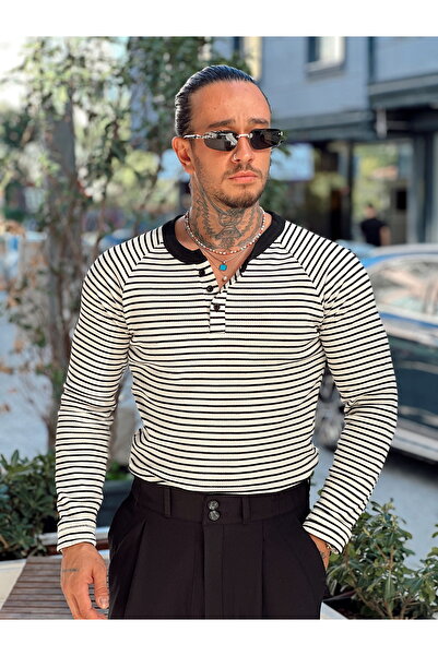 manch collection Φούτερ με ριγέ λαιμόκοψη με κουμπιά εκρού-μαύρο