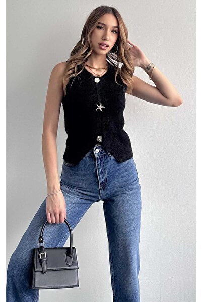 yeditepe fashion Asymmetrical Buttoned Soft Knit Vest