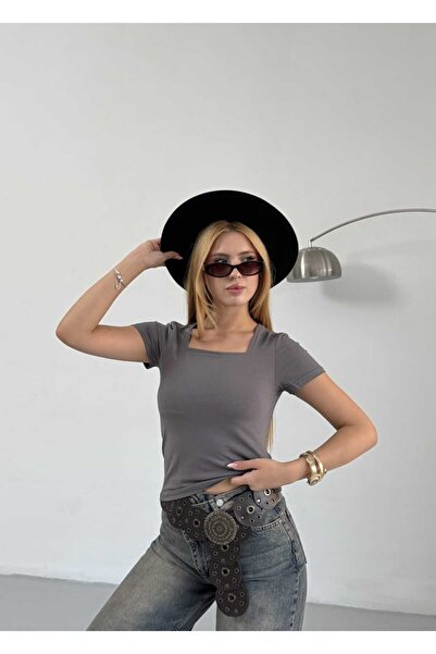 NOTCHTR Women's Plain Cotton Lycra Square Neck Short Sleeve Slim Fit T-Shirt