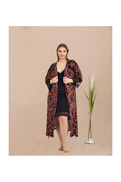 MOPİ Plus Size Very Stylish Long Sleeve Dressing Gown Suspender Nightgown Set