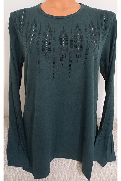 Anne Er Clothing Winter Cotton Combed Cotton Blouse Long Sleeve Crew Neck Stone Green