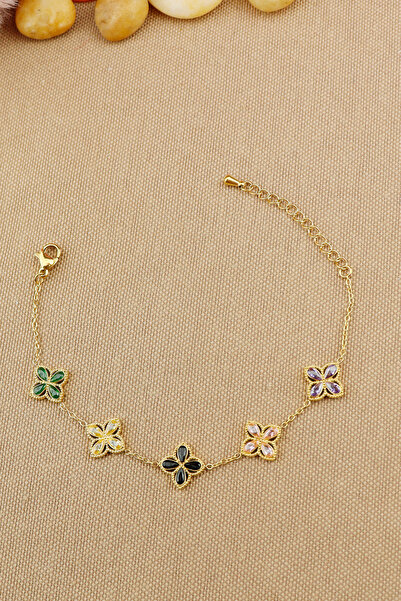 Keyifli Hayaller Çelik Bileklik- Renkli Taşlı Sıralı Çiçek Zincir Çelik Bilek...