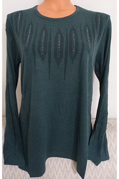 Anne Er Clothing Winter Cotton Combed Cotton Blouse Long Sleeve Crew Neck Stone Green