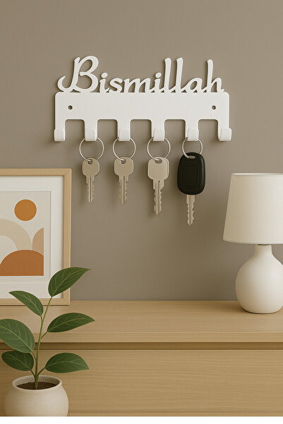 LUNOART Bismillah Written Metal Keychain Hanger (Color: White) |   6 Hanging Modern Wall Decor