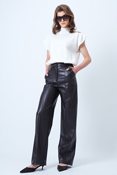 VAGGON Pantaloni palazzo din piele maro cu talie înaltă pentru femei Vs01196